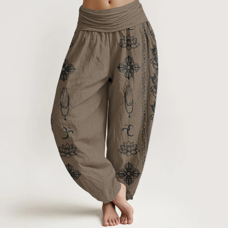 Buddha Stones Cotton Lotus Flowers Double Dorje Vajra Namaste Om Design Women's Elastic Waist Harem Pants