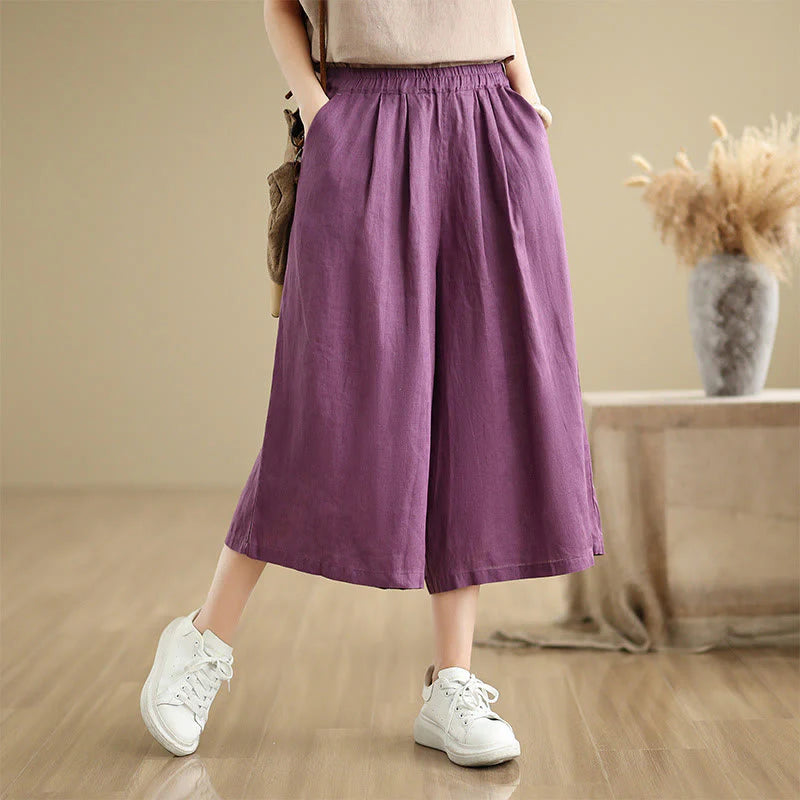 Buddha Stones Summer Solid Color Patchwork Simple Design Women's Cotton Wide Leg Cropped Pants With Pockets