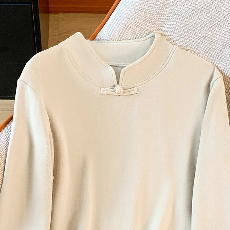 Buddha Stones Spring Solid Color Stand Collar Frog-button Design Women's Cotton Long Sleeve Shirt