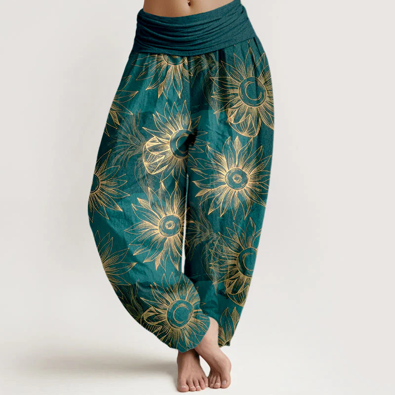 Buddha Stones Cotton Retro Print Flower Pattern Women's Elastic Waist Harem Pants