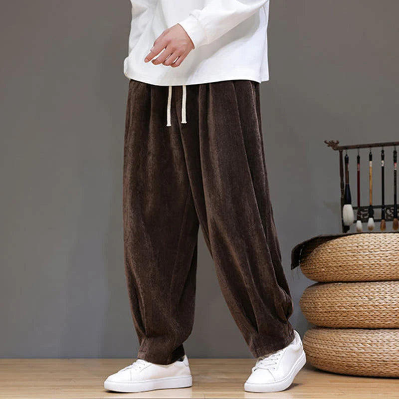 Buddha Stones Winter Pure Color Cotton Men's Harem Thickened Fleece-lined Pants With Pockets