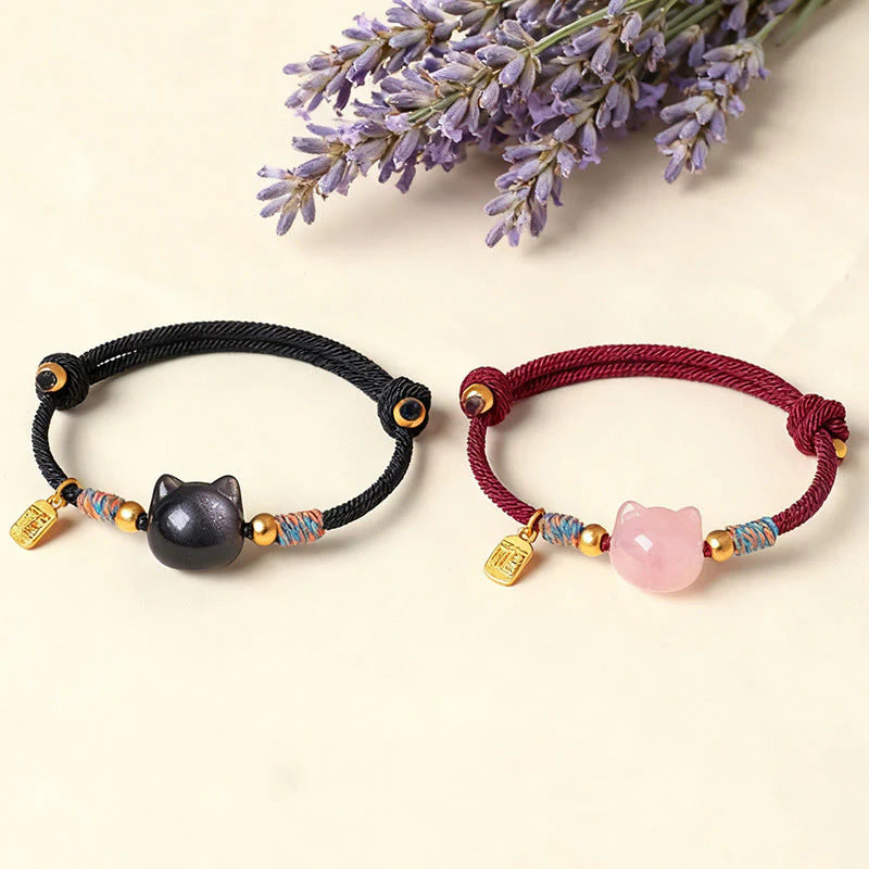 Buddha Stones Cat Fu Character Silver Sheen Obsidian Pink Crystal String Protection Bracelet