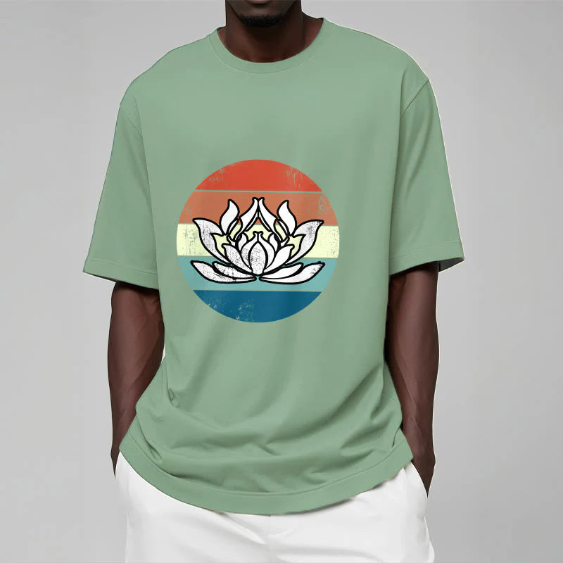 Buddha Stones Blooming Lotus Colorful Striped Pattern Cotton Tee T-shirt