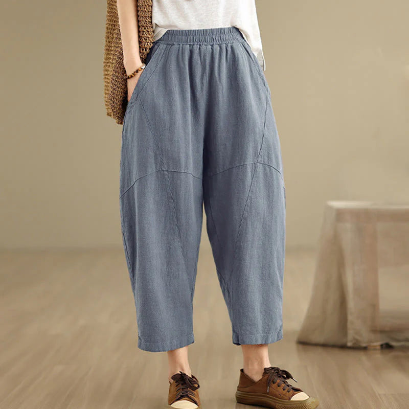 Buddha Stones Spring 7-8 Length Solid Color Women's Cotton Linen Harem Pants With Pockets
