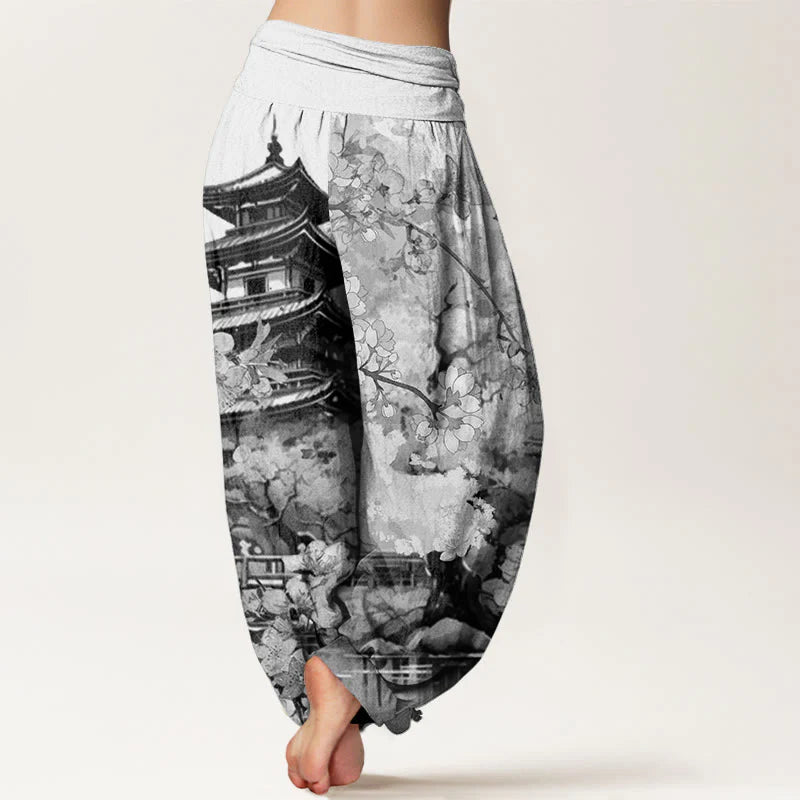 Buddha Stones Cotton Pavilion Cherry Blossom Pattern Women's Elastic Waist Harem Pants