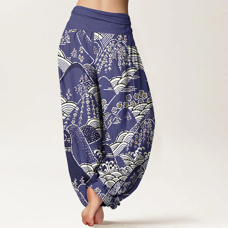 Buddha Stones Printed Mountains Waves Floral Pattern Women's Elastic Waist Harem Pure Cotton Pants