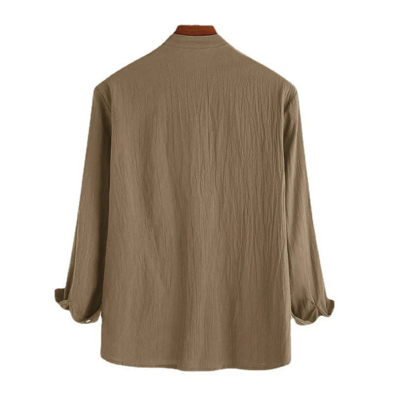 Buddha Stones Solid Color Half Buttons Long Sleeve Cotton Linen Men's Shirts
