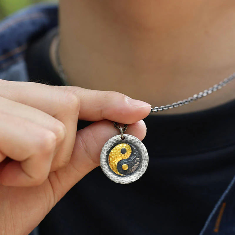 Buddha Stones 999 Sterling Silver 999 Gold Yin Yang Balance Titanium Steel Chain Necklace Pendant