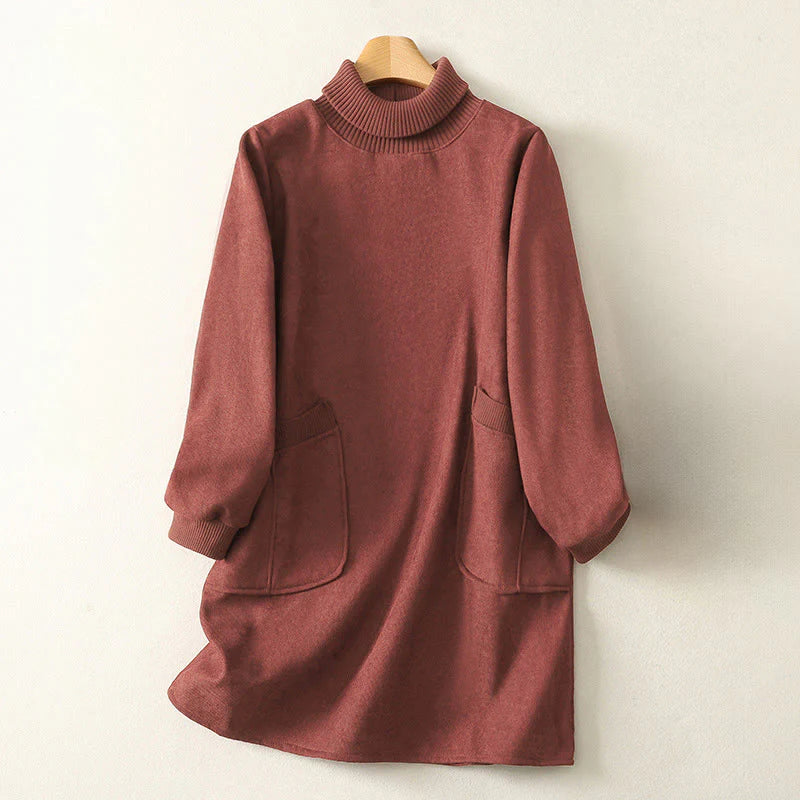 Buddha Stones Winter High Neck Warm Cotton Women's Long Sleeve Midi Dress With Pockets