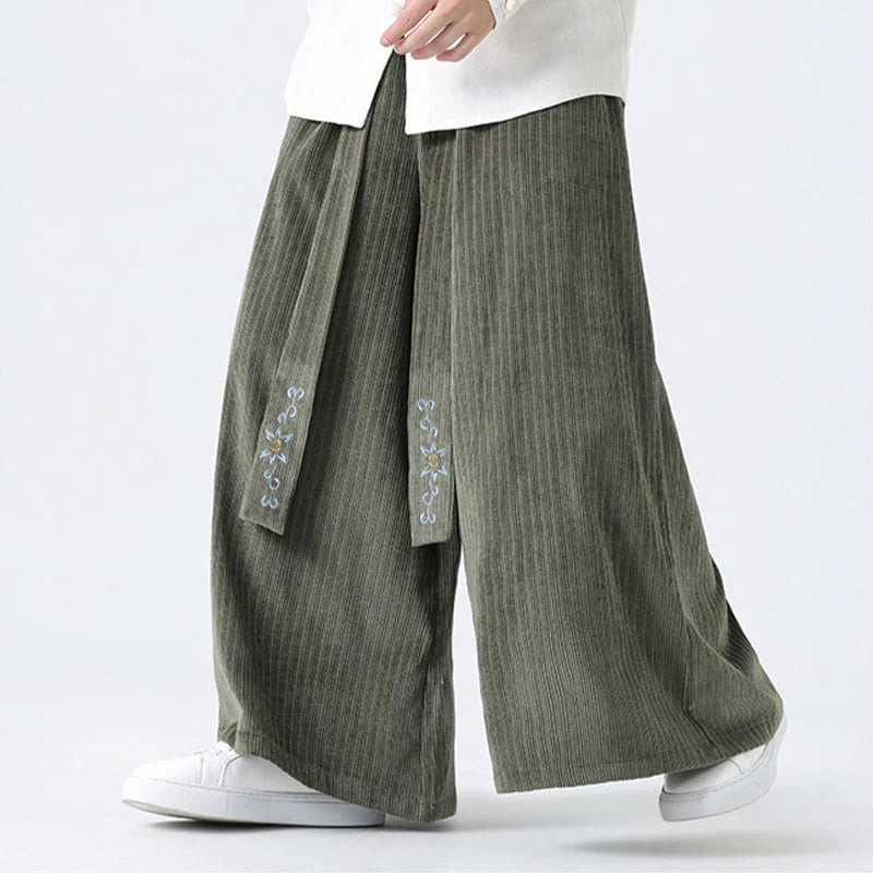 Buddha Stones Casual Embroidery Drawstring Design Men's Corduroy Wide Leg Pants With Pockets
