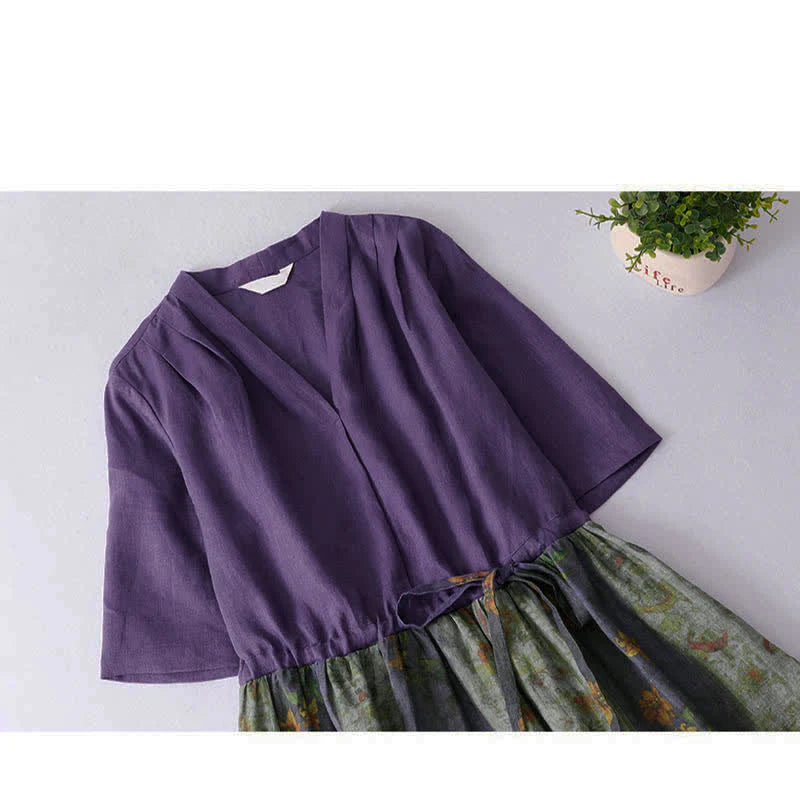 Buddha Stones Summer V Neck Drawstring Waist Floral Short Sleeve Below Knee Dress With Pockets