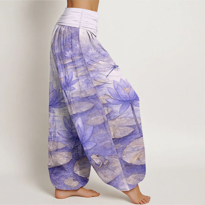 Buddha Stones Pure Cotton Fresh Elegant Lotus Flower Leaf Dragonfly Frog Pattern Women's Elastic Waist Harem Pants