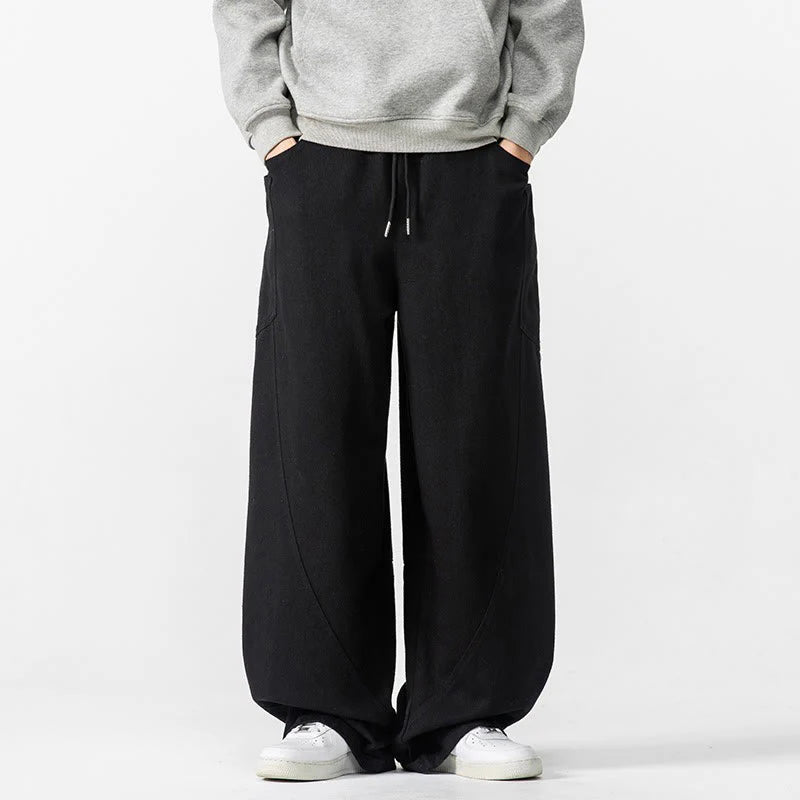 Buddha Stones Fall Pure Color Men's Wide Leg Cotton Drawstring Pants With Pockets