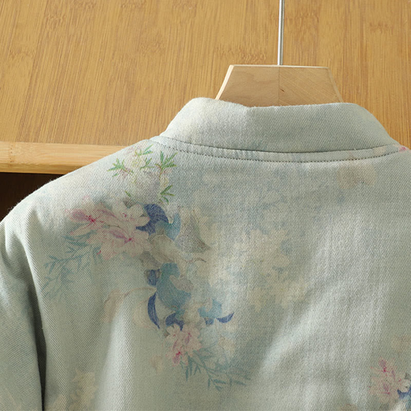 Buddha Stones Frog-button Flower Pattern Crew Neck Thickened Long Sleeve Women's Coat