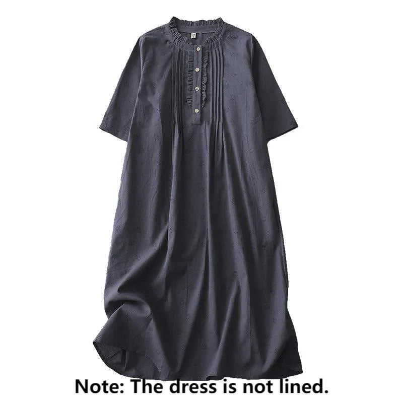 Buddha Stones Casual Retro Solid Color Button Ruffled Crew Neck Design Short Sleeve Cotton Linen Midi Dress With Pockets