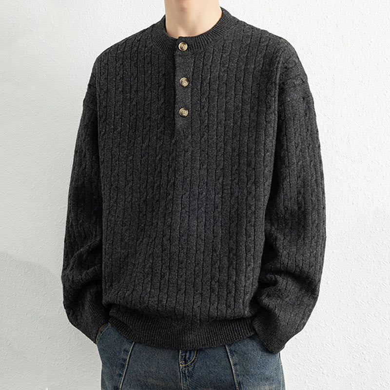 Buddha Stones Winter Crew Neck Three Buttons Twisted Design Warm Men's Long Sleeve Knitted Sweater