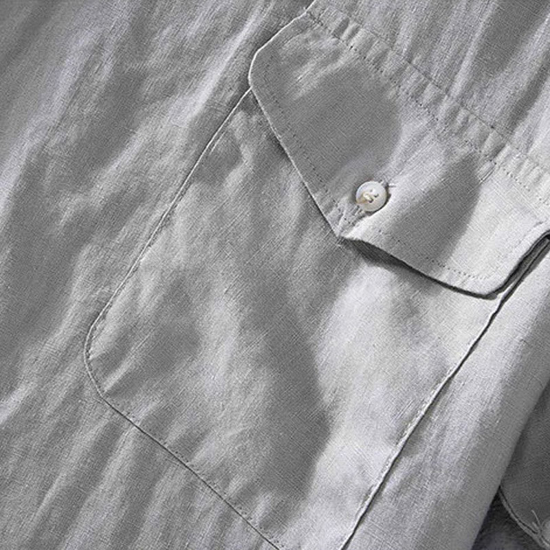 Buddha Stones Crew Neck Simple Design Men's Short Sleeve Linen Shirt With Pocket