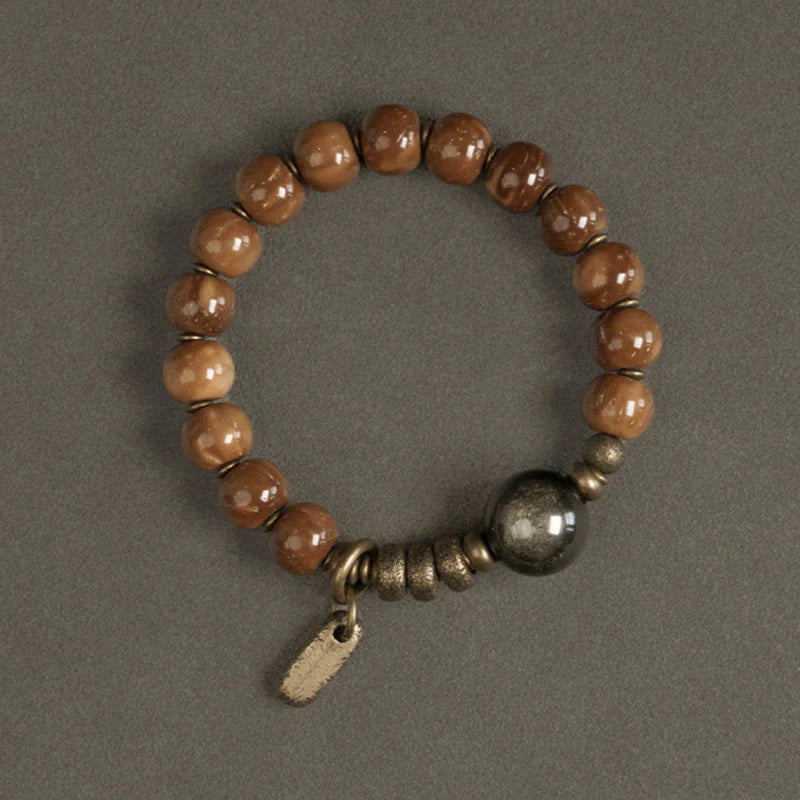 Buddha Stones Kuka Seed Tiger Eye Gold Sheen Obsidian Brass Copper Wealth Luck Bracelet