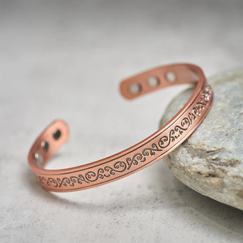 Buddha Stones Engraved Patterned Copper Balance Open Cuff Bracelet Bangle