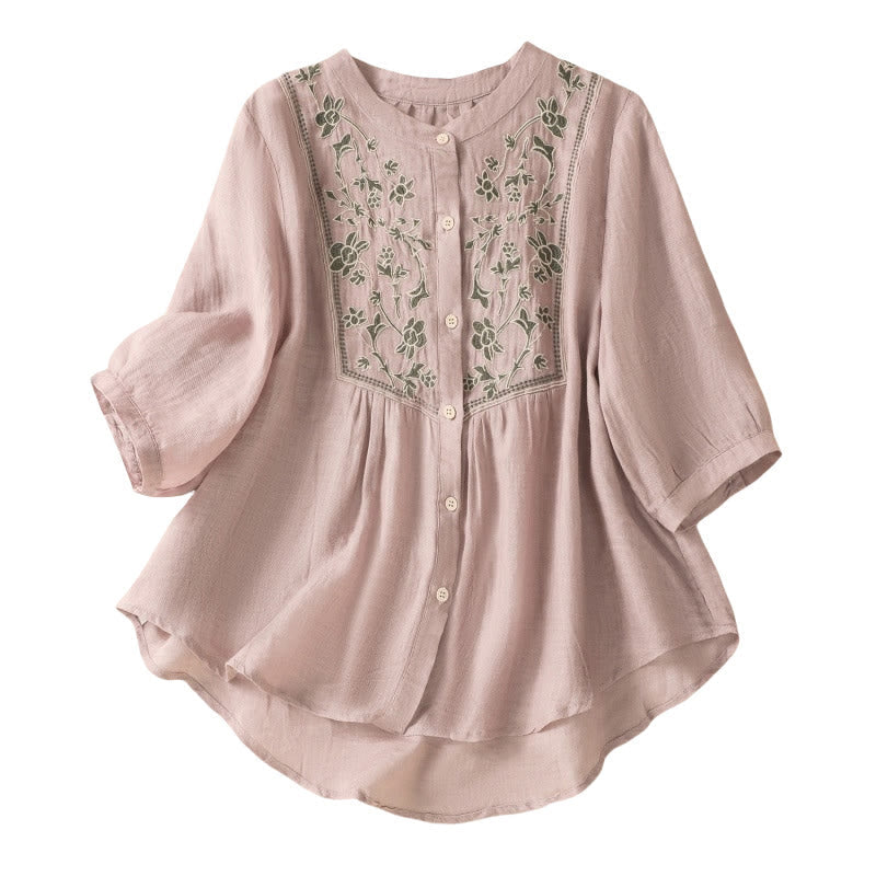 Buddha Stones Embroidery Single Breasted Women's Cotton Linen Three Quarter Sleeve Shirt