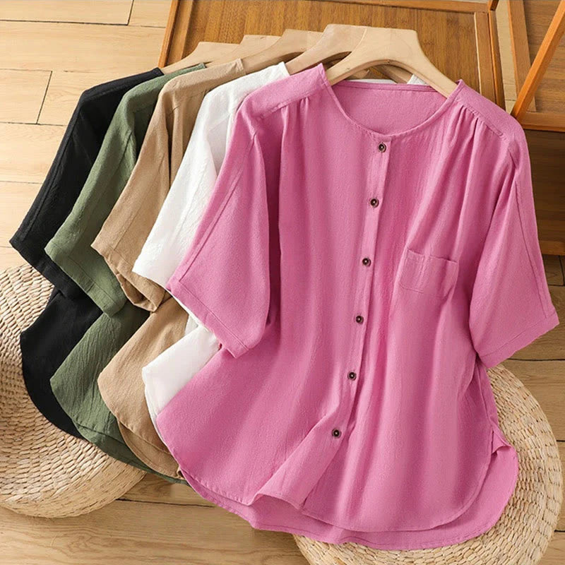 Buddha Stones Casual Plain Buttons Half Sleeve Women's Cotton Linen Shirt With Pocket