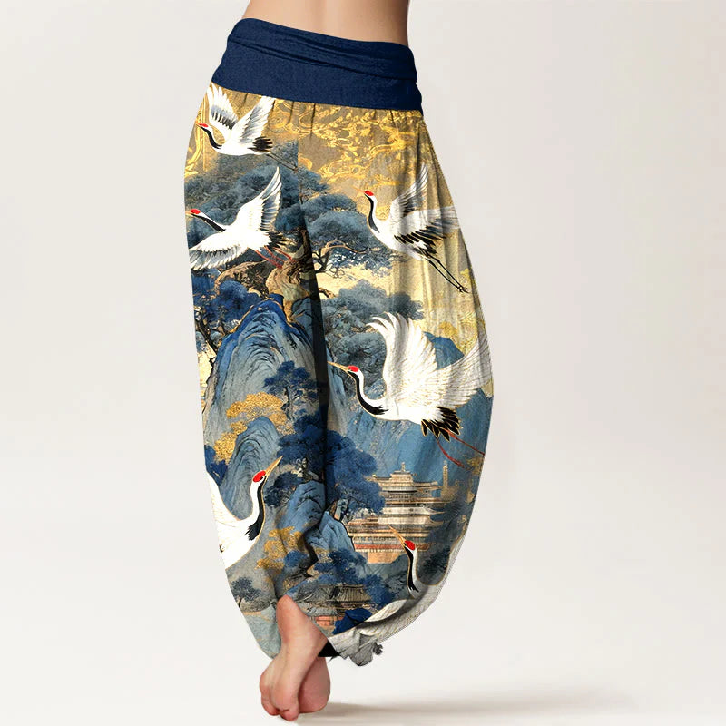Buddha Stones Pure Cotton Gorgeous Crane Mountain Pine Tree Pattern Women's Elastic Waist Harem Pants