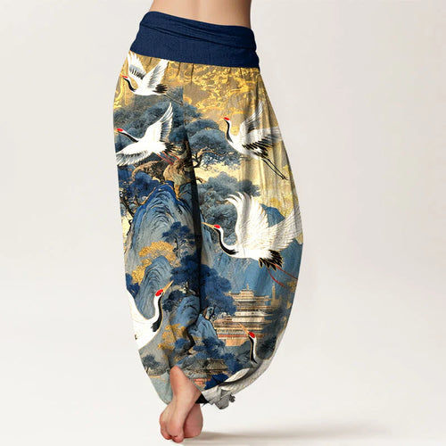 Buddha Stones Pure Cotton Gorgeous Crane Mountain Pine Tree Pattern Women's Elastic Waist Harem Pants