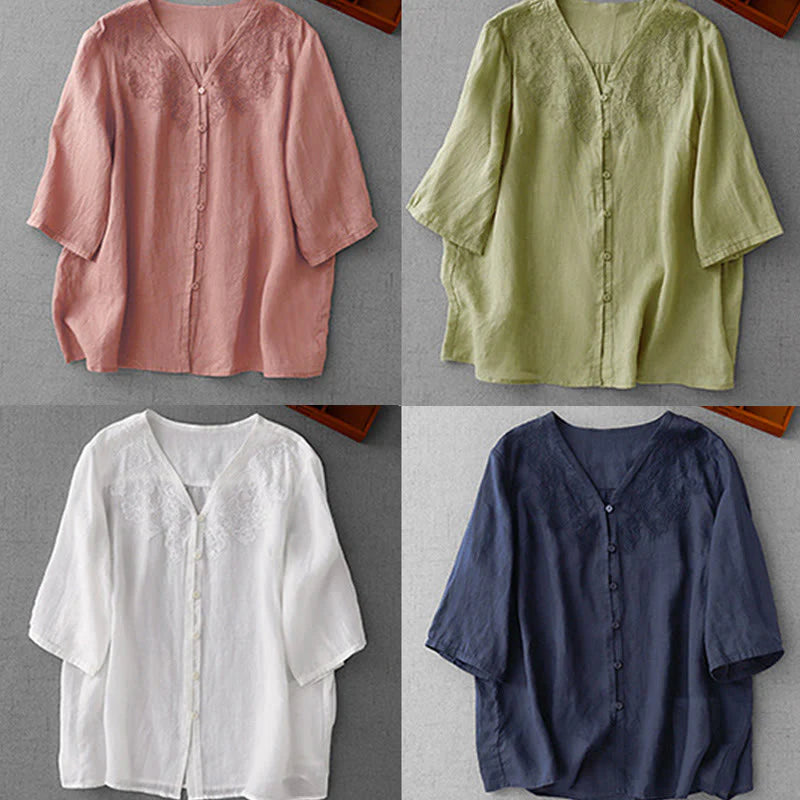 Buddha Stones Artistic Pure Color Embroidered Front Button Design Women's Cotton Half Sleeve Shirt Cardigan