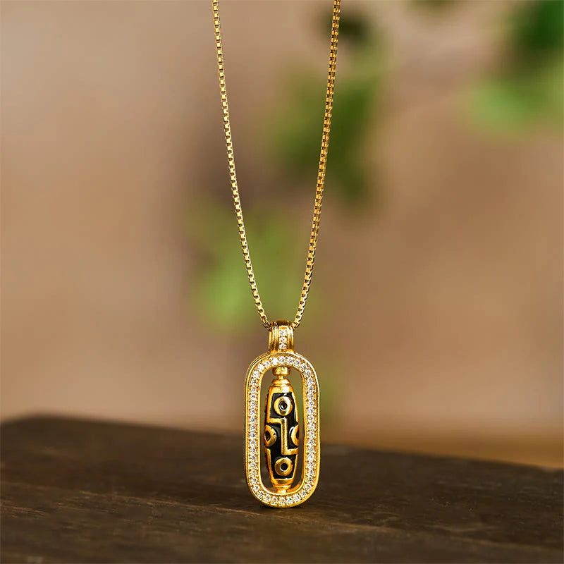 Buddha Stones 24k Gold Plated Brass Nine-eye Dzi Bead Auspicious Pattern Wealth Pendant Necklace