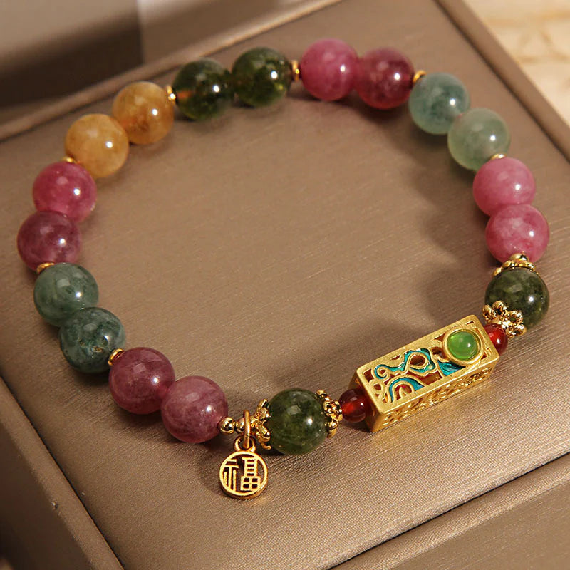 Buddha Stones Colorful Tourmaline Positive Fu Character Charm Bracelet (Extra 35% Off | USE CODE: FS35)