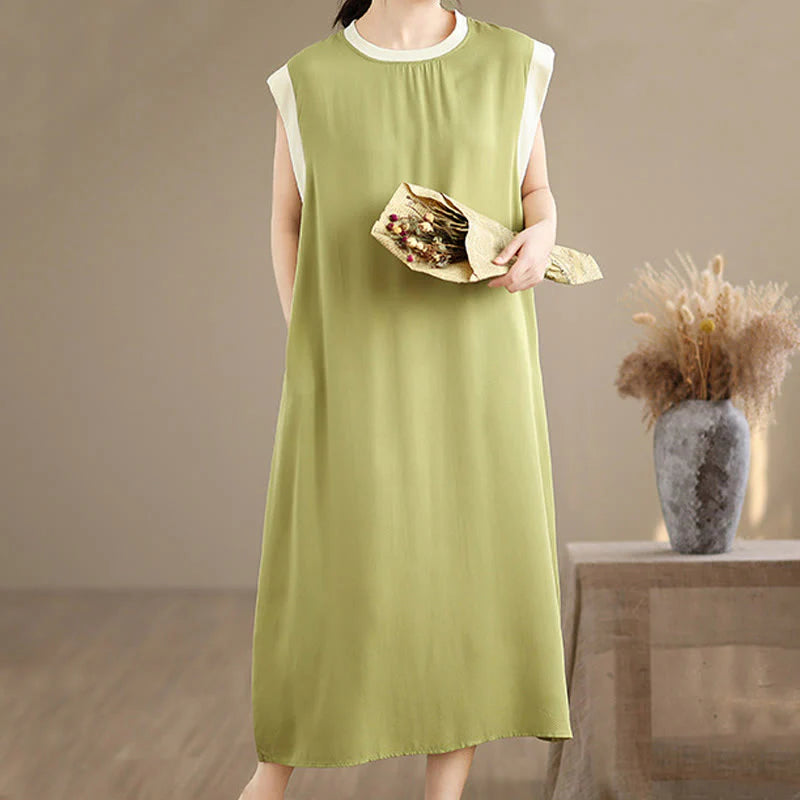 Buddha Stones Pure Color Slit Design Sleeveless Cotton Midi Dress With Pockets