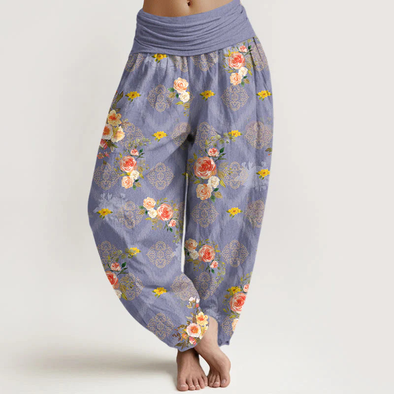Buddha Stones Cotton Rose Geometric Colorful Flower Pattern Women's Elastic Waist Harem Pants