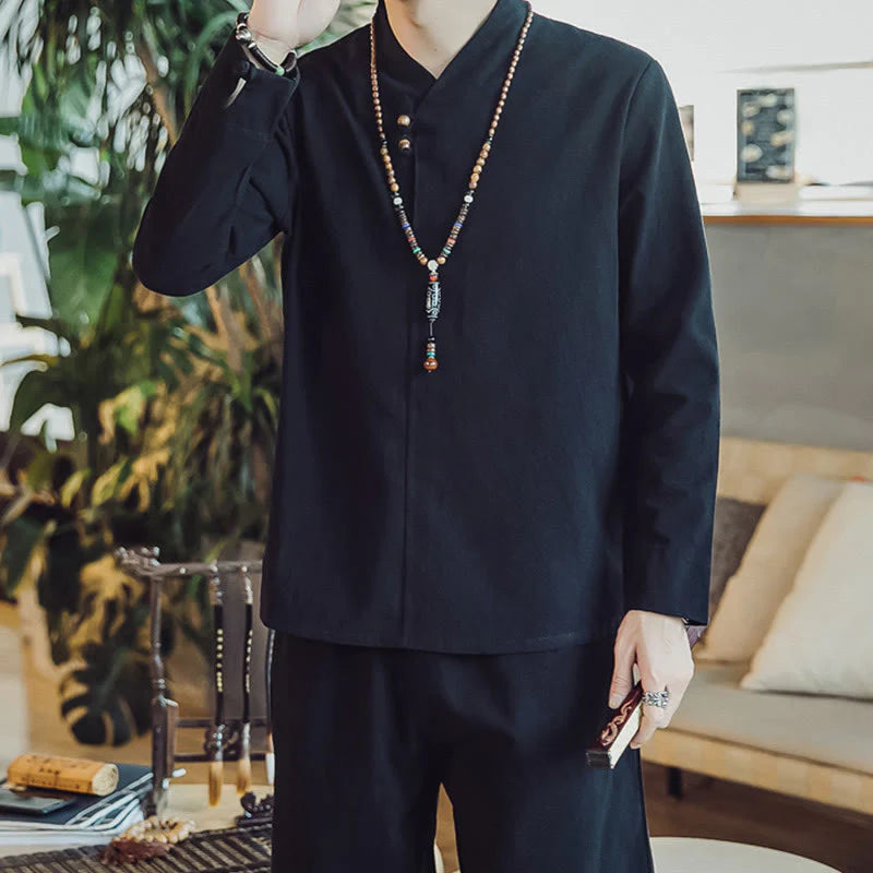Buddha Stones 2Pcs Shirt Ankle-Length Pants With Pockets Men's Meditation Cloth Set