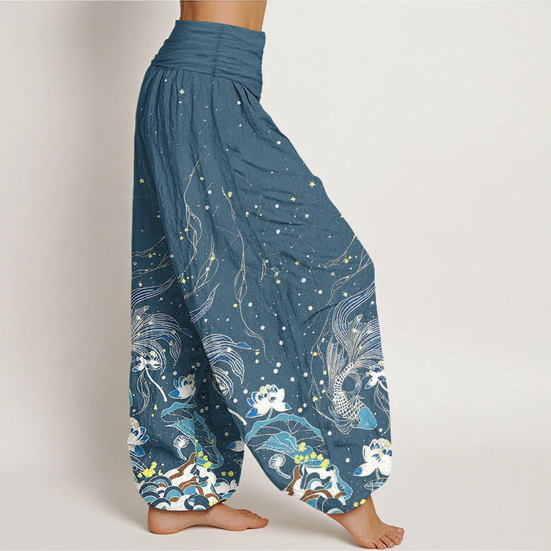Buddha Stones Cotton Starry Sky Koi Fish Lotus Waves Pattern Women's Elastic Waist Harem Pants