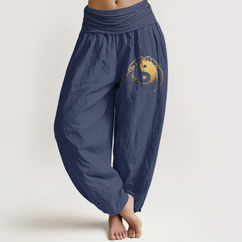 Buddha Stones Yin Yang Hand Pattern Women's Elastic Waist Harem Cotton Pants