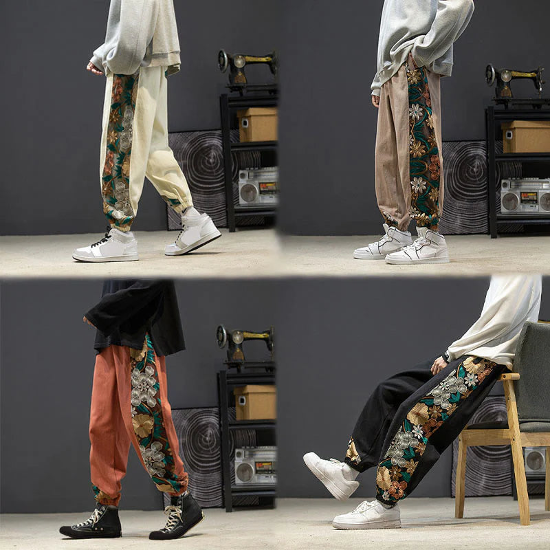 Buddha Stones Spring Men's Embroidered Flower Pattern Patchwork Cotton Pants With Pockets
