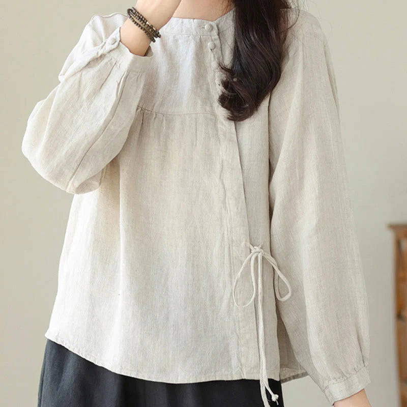 Buddha Stones Fall Casual Solid Color Stand Collar Long Sleeve Cotton Linen Women's Shirt