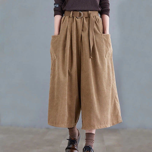 Buddha Stones Retro Women's Wide Leg 7-8 Length Corduroy Pants With Pockets Belt