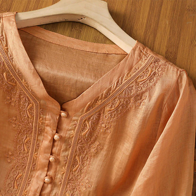 Buddha Stones Casual Embroidery Frog-Button Polyester Half Sleeve Women's V-neck Shirt