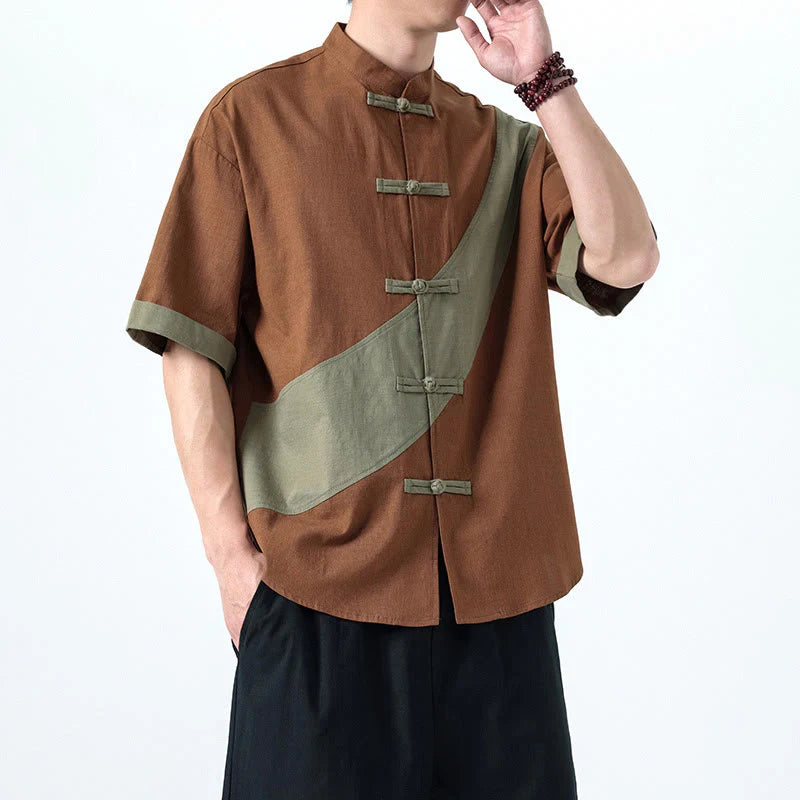 Buddha Stones Spring Color Contrast Chinese Frog-Button Design Men's Half Sleeve Cotton Linen Shirt