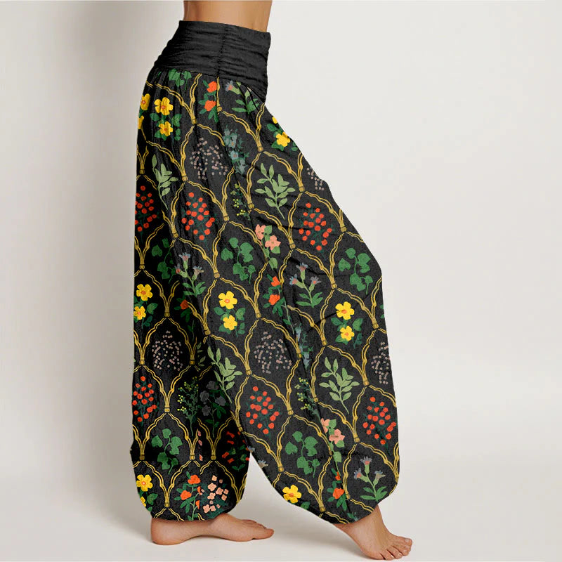 Buddha Stones Pure Cotton Brilliant Flowers Berries Leaves Pattern Women's Elastic Waist Harem Pants