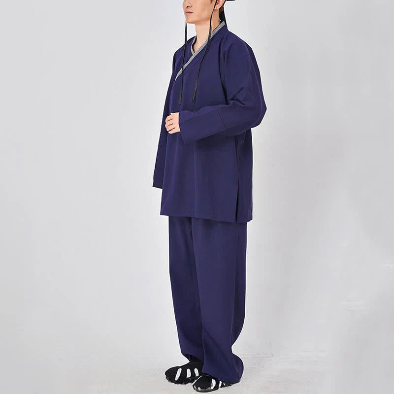 Buddha Stones 2Pcs Wudang Fall Solid Frog-Button Long Sleeve Linen Unisex Taoist Robe Kimono Pants Qigong Ceremony Suit