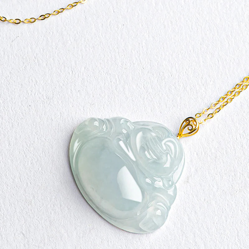 Buddha Stones Laughing Buddha Natural Jade Abundance Titanium Steel Chain Necklace Pendant