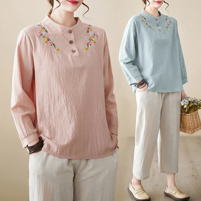 Buddha Stones Women's Spring Embroidered Flower Pattern Stand Collar Long Sleeve Cotton Shirt