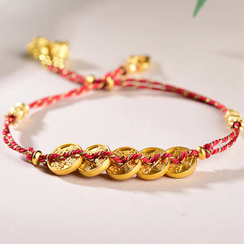 Buddha Stones Five-Emperor Coins Copper Balance Hand-Woven String Bracelet