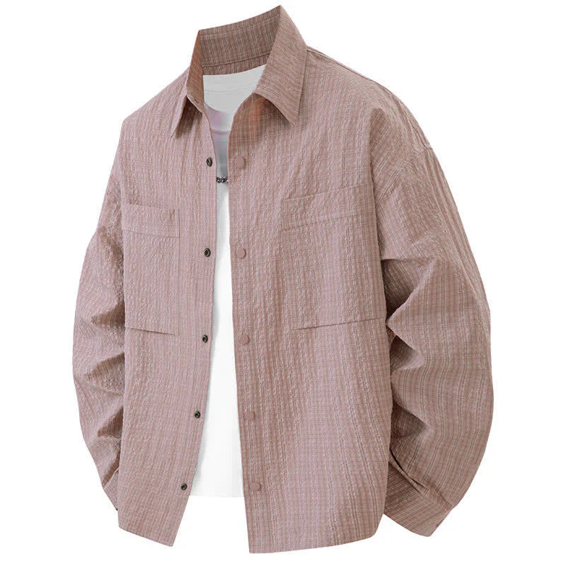 Buddha Stones Spring Solid Color Textured Long Sleeve Button Men's Lapel Shirts With Pocket