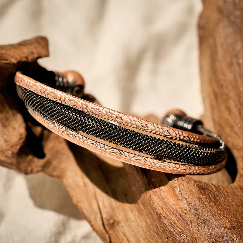 Buddha Stones Retro Textured Flower Pattern Twisted Copper Balance Luck Open Cuff Bracelet Bangle