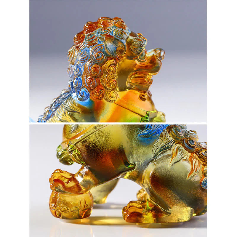 Buddha Stones Handmade Liuli Crystal Lion Art Piece Strength Home Office Decoration