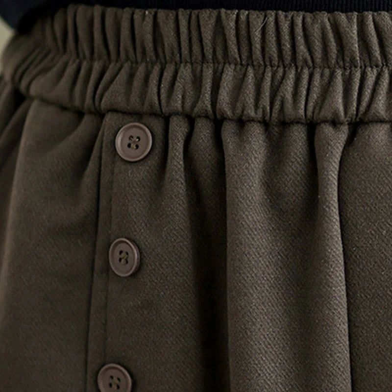 Buddha Stones Women's Winter Pure Color Cotton 7-8 Length Elastic Waistband Skirt With Pockets
