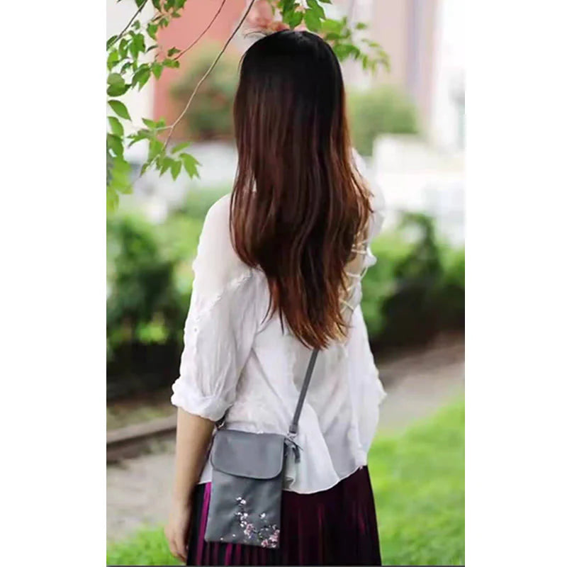 Buddha Stones Waterproof Handmade Embroidered Lotus Flowers Crossbody Bag Shoulder Bag Cellphone Bag